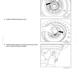 May include: Diagrams illustrating the assembly of a rear axle system, including the rear bevel gear set and differential. The images show the placement of spider gears, gear pins, and the differential gear pin hub. Text instructions accompany the diagrams.