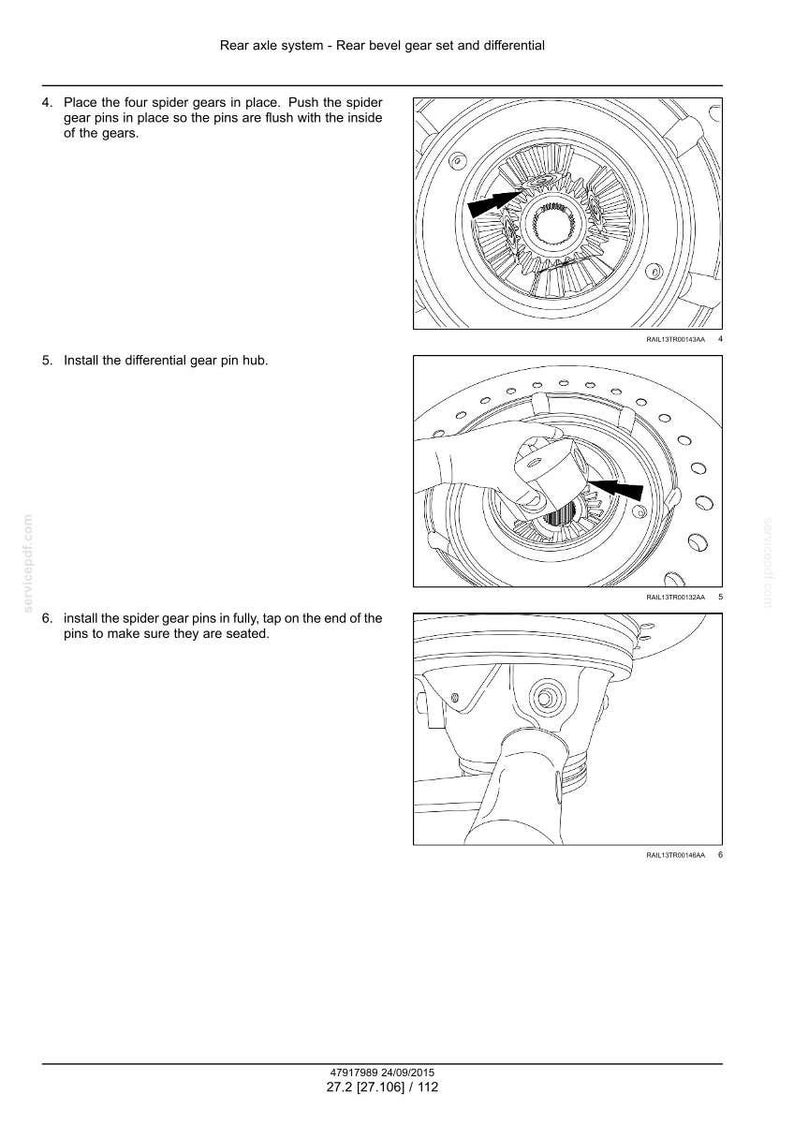 May include: Diagrams illustrating the assembly of a rear axle system, including the rear bevel gear set and differential. The images show the placement of spider gears, gear pins, and the differential gear pin hub. Text instructions accompany the diagrams.