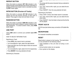 Op de afbeelding: Een technische documentpagina getiteld 3-CONTROLS/INSTRUMENTS met zwarte tekst op een witte achtergrond. Het bevat bedieningsinstructies voor auto-audiofuncties, waaronder PAUSE, REPEAT, INTRO, RANDOM-knoppen, USB-poort, bestandszoeken, AUX IN, microfoon en reset-functies.