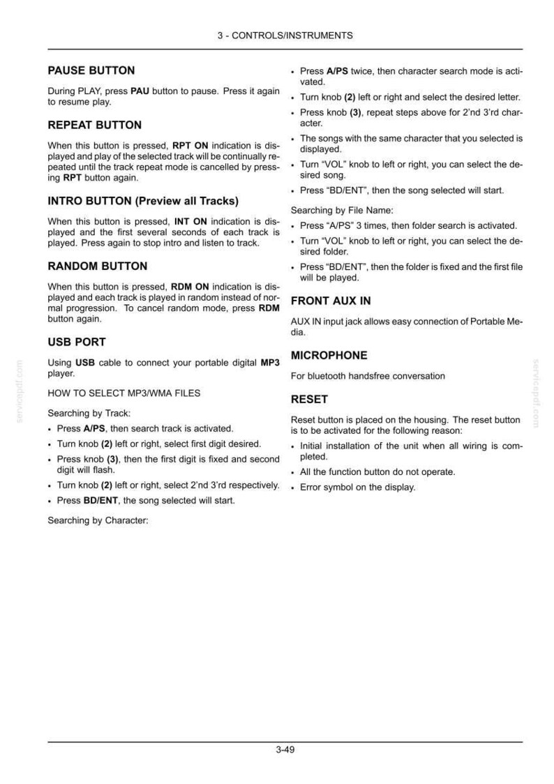 Op de afbeelding: Een technische documentpagina getiteld 3-CONTROLS/INSTRUMENTS met zwarte tekst op een witte achtergrond. Het bevat bedieningsinstructies voor auto-audiofuncties, waaronder PAUSE, REPEAT, INTRO, RANDOM-knoppen, USB-poort, bestandszoeken, AUX IN, microfoon en reset-functies.