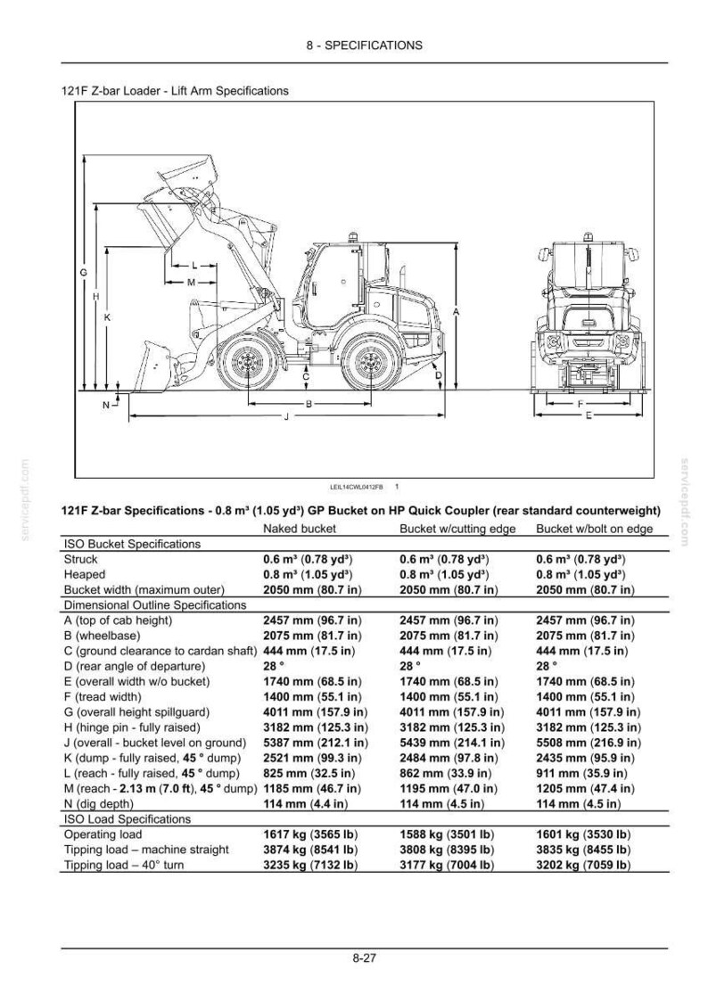 May include: Diagram of a 121F Z-bar loader with lift arm specifications, including dimensions and load capacities. The image shows a side view of the loader with labeled measurements in inches and pounds.