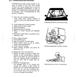 May include: A page from a manual on troubleshooting, with text and illustrations. The manual's title is "Troubleshooting Processes." Illustrations depict technicians in vehicles and at a desk, with text describing procedures.