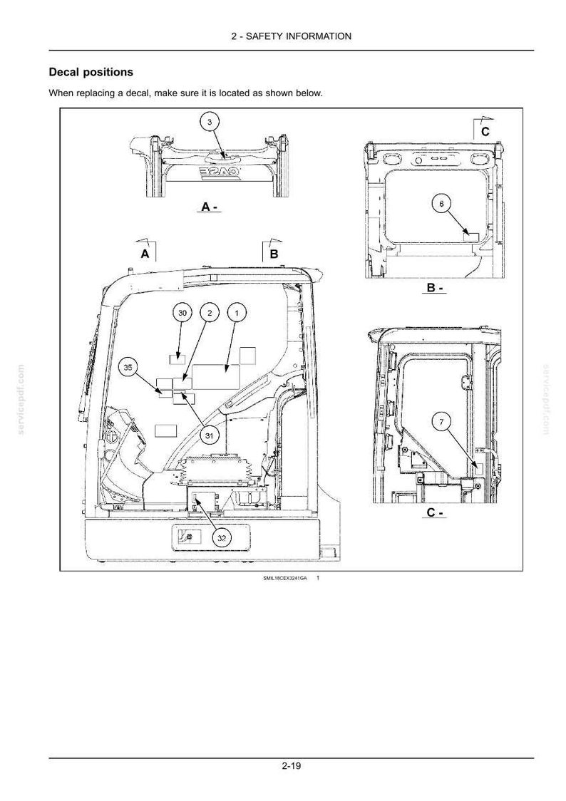 May include: Diagram showing decal positions on a vehicle. The image includes multiple views (A, B, C) with numbered labels (1-7, 30-32, 35) indicating decal placement. Text at the top reads "2 - SAFETY INFORMATION".