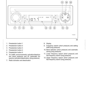 May include: Diagram of a car radio with buttons and a display showing the frequency 107.7. Features include preset buttons, band selection, and frequency search controls. The radio has a mute button and a source button.
