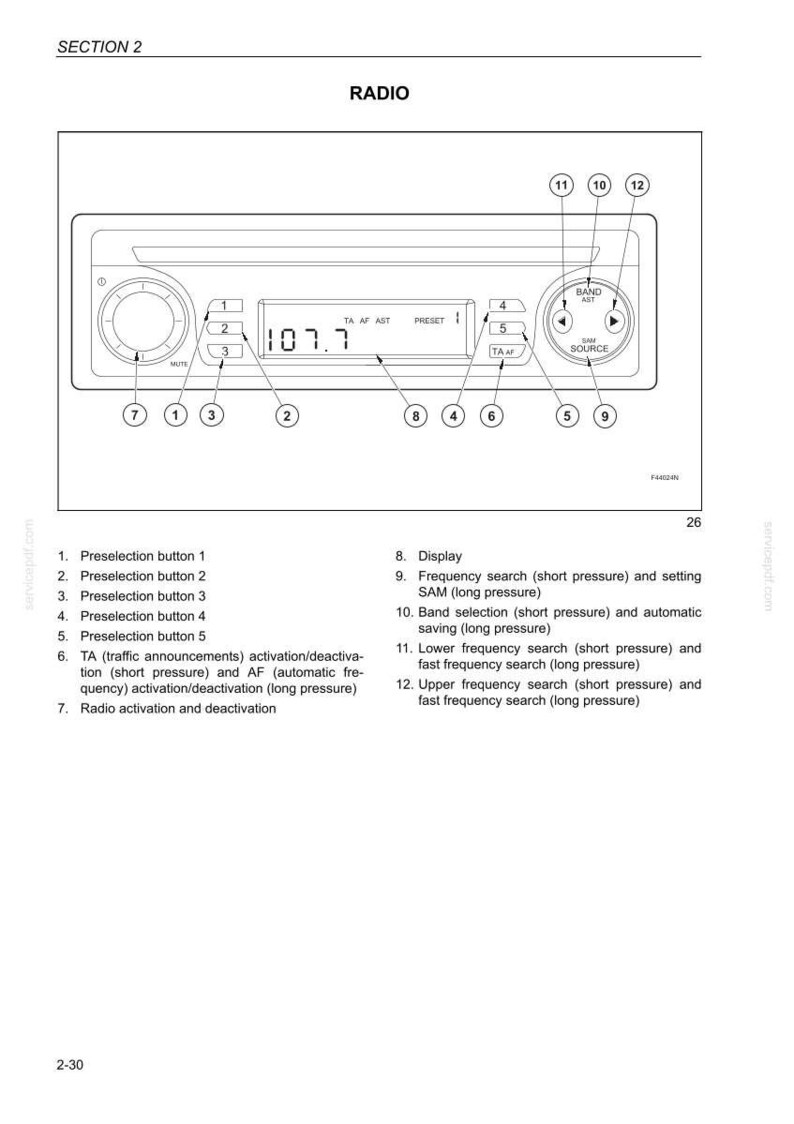 May include: Diagram of a car radio with buttons and a display showing the frequency 107.7. Features include preset buttons, band selection, and frequency search controls. The radio has a mute button and a source button.