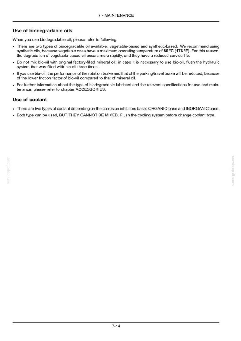 Puede incluir: Una p&aacute;gina de un manual de mantenimiento con el t&iacute;tulo "Uso de aceites biodegradables". El texto describe el uso de aceites y refrigerantes biodegradables, incluyendo especificaciones de temperatura e instrucciones de mezcla. P&aacute;gina 7-14.
