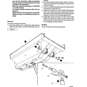 May include: An illustrated diagram from a manual detailing the removal and refitting of vehicle components. The diagram shows various parts labeled with numbers, including bolts, pins, and a cylinder, with arrows indicating assembly and disassembly steps. Text provides instructions.