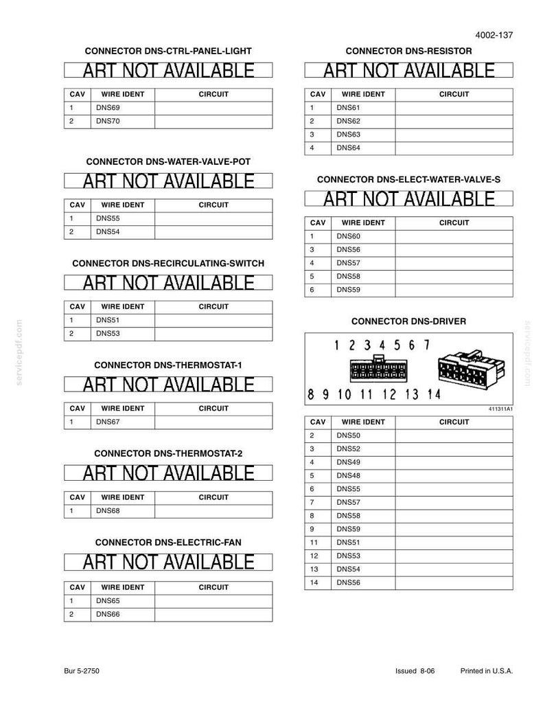 May include: A technical diagram with tables detailing various electrical connectors, including DNS-CTRL-PANEL-LIGHT, DNS-RESISTOR, and DNS-DRIVER. Each table lists CAV, WIRE IDENT, and CIRCUIT information. The document is labeled "Printed in U.S.A."