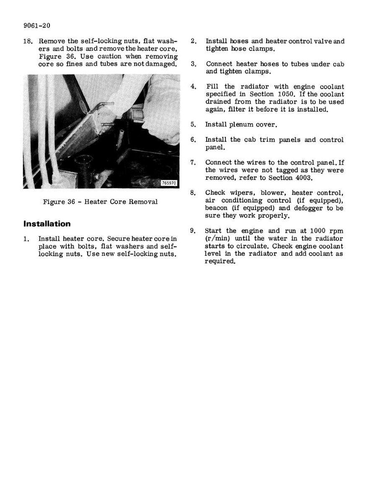 May include: A black and white image of a page from a manual detailing heater core removal and installation. The text includes instructions, diagrams, and part numbers for automotive repair. The image is a technical illustration.