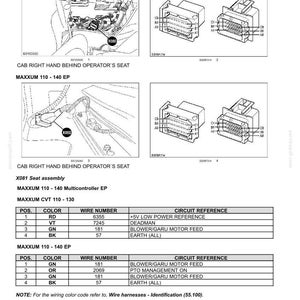 May include: Diagram of electrical harnesses and connectors for Maxxum 110-140 series. Includes wiring diagrams, connector views, and a table with wire color codes, wire numbers, and circuit references. Text includes "CAB RIGHT HAND BEHIND OPERATOR'S SEAT".