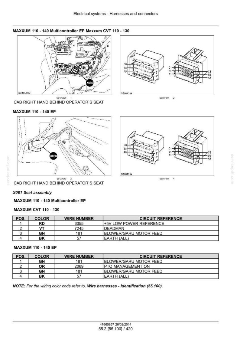 May include: Diagram of electrical harnesses and connectors for Maxxum 110-140 series. Includes wiring diagrams, connector views, and a table with wire color codes, wire numbers, and circuit references. Text includes "CAB RIGHT HAND BEHIND OPERATOR'S SEAT".