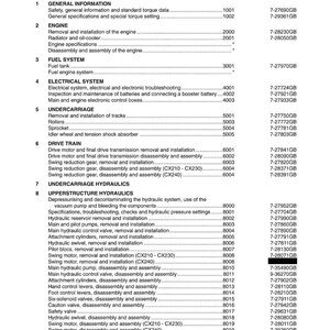 May include: A table of contents from a manual for CX210, CX230, and CX240 Crawler Excavators. The document lists various sections, including engine, fuel system, electrical system, undercarriage, drive train, and hydraulics.