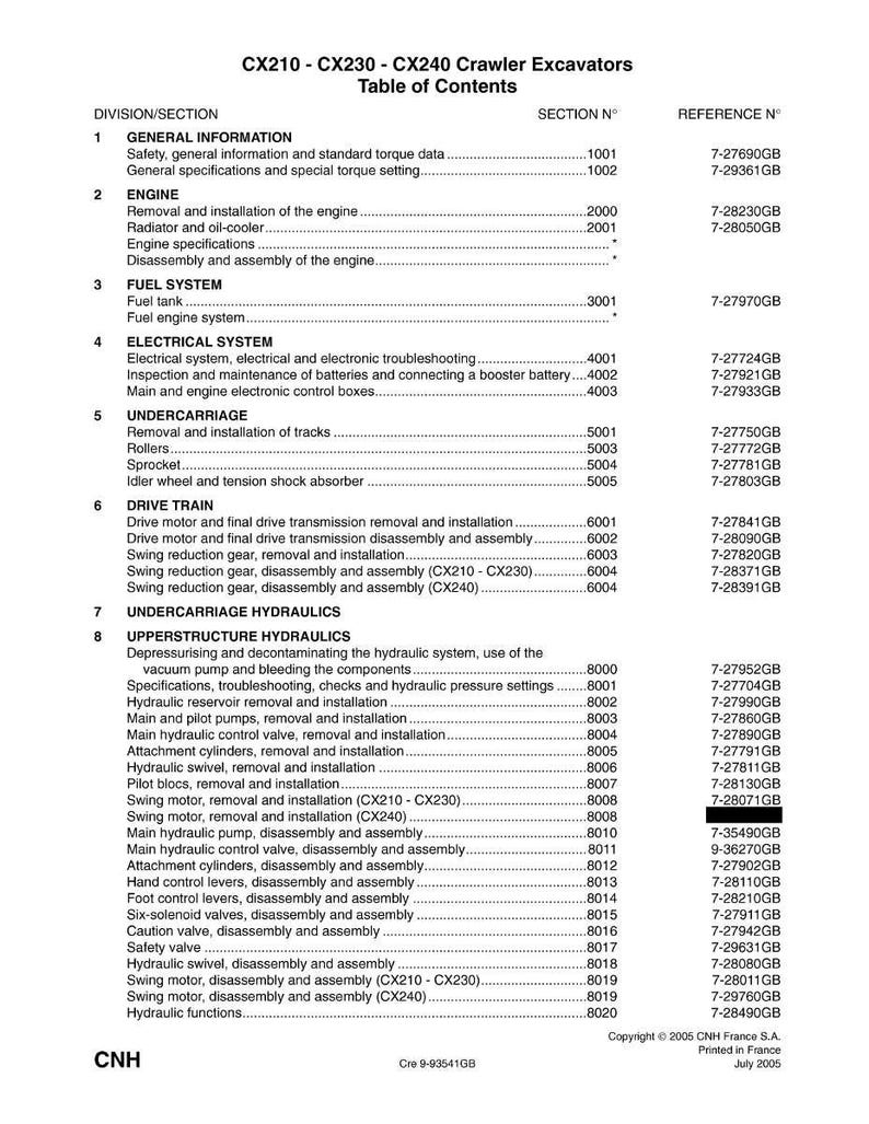 May include: A table of contents from a manual for CX210, CX230, and CX240 Crawler Excavators. The document lists various sections, including engine, fuel system, electrical system, undercarriage, drive train, and hydraulics.