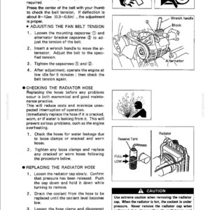 Peut inclure: Une page de manuel technique intitul&eacute;e MAINTENANCE d&eacute;taillant les proc&eacute;dures de v&eacute;rification et de r&eacute;glage de la tension de la courroie de ventilateur, avec une sp&eacute;cification de 8 &agrave; 12 mm, et le remplacement de la durite de radiateur.