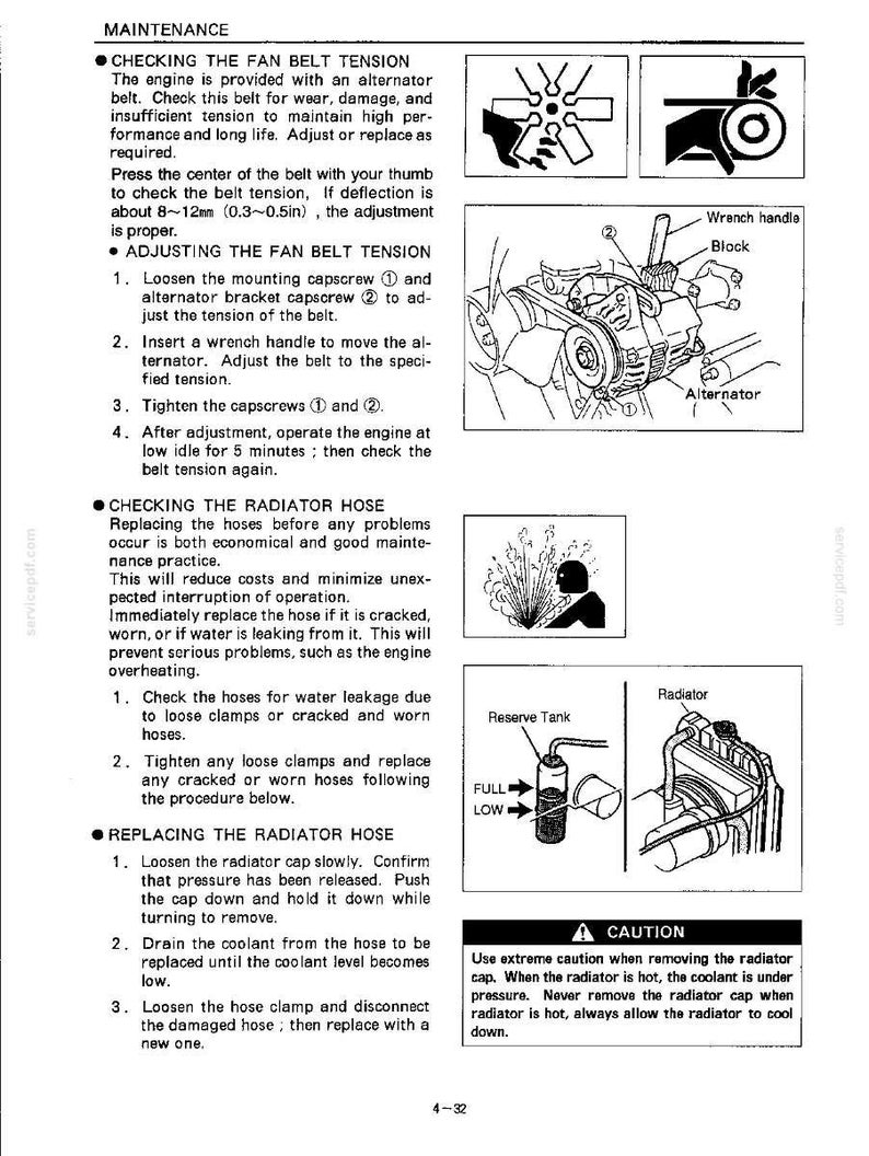 Peut inclure: Une page de manuel technique intitul&eacute;e MAINTENANCE d&eacute;taillant les proc&eacute;dures de v&eacute;rification et de r&eacute;glage de la tension de la courroie de ventilateur, avec une sp&eacute;cification de 8 &agrave; 12 mm, et le remplacement de la durite de radiateur.