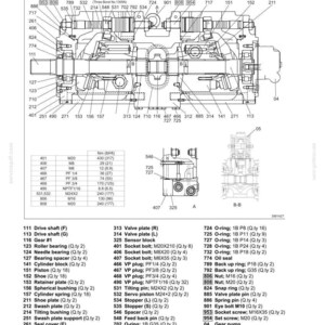 May include: Detailed diagram of a hydraulic pump assembly, labeled with part numbers and descriptions. Includes components like drive shafts, valve plates, and various O-rings. Measurements are in inches and pounds.