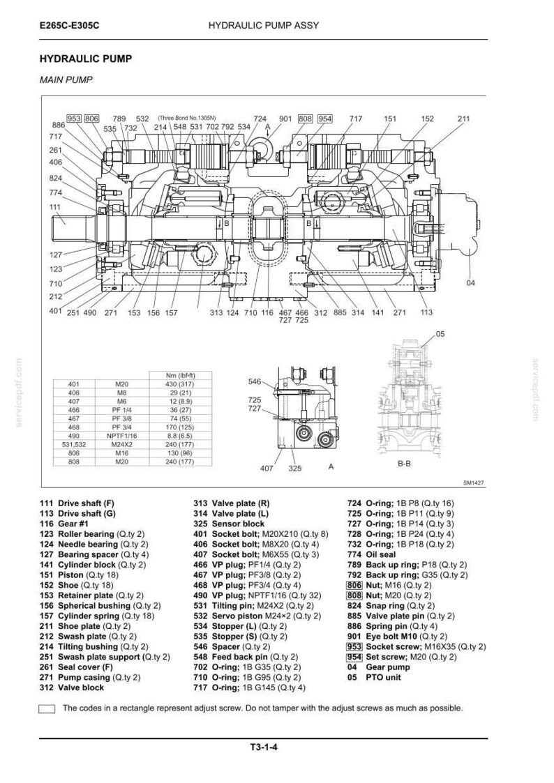 May include: Detailed diagram of a hydraulic pump assembly, labeled with part numbers and descriptions. Includes components like drive shafts, valve plates, and various O-rings. Measurements are in inches and pounds.