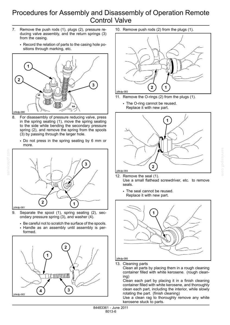 May include: Diagrams illustrating the assembly and disassembly of a remote control valve. The image shows numbered parts, including push rods, springs, and seals, with instructions for each step. Text includes procedures and warnings.