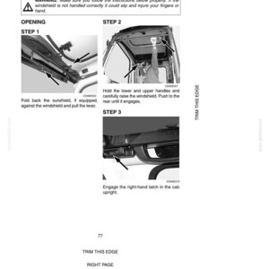 May include: A page from an instruction manual detailing windshield operation. The steps include folding the sunshield, raising the windshield, and engaging the latch. Text includes warnings and step-by-step instructions.