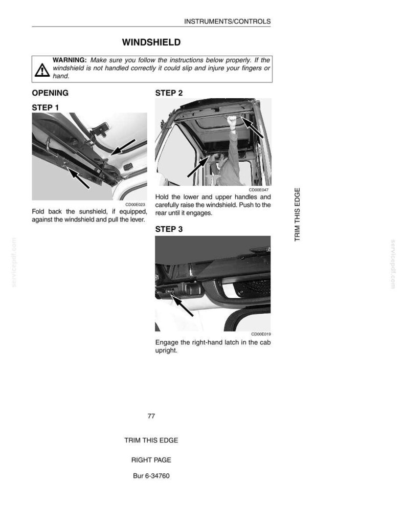 May include: A page from an instruction manual detailing windshield operation. The steps include folding the sunshield, raising the windshield, and engaging the latch. Text includes warnings and step-by-step instructions.