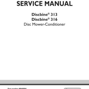 May include: A white service manual cover with the title "SERVICE MANUAL" in bold black letters. Below, it lists "Discbine 313" and "Discbine 316" and "Disc Mower-Conditioner". The New Holland Agriculture logo is in the bottom right.