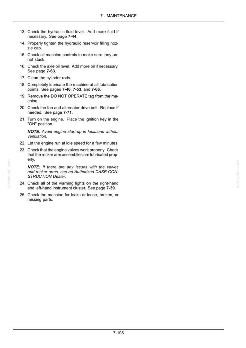 May include: A page from a maintenance manual with a list of instructions. The title reads "7 - MAINTENANCE". The text includes steps for checking fluid levels, cleaning parts, and engine operation. Page number is 7-108.