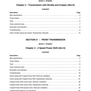 Puede incluir: Una p&aacute;gina de un manual titulada "SECCI&Oacute;N 21 - TRANSMISI&Oacute;N DELANTERA". El contenido incluye cap&iacute;tulos sobre transmisi&oacute;n con lanzadera y oruga, y cambio de potencia de 2 velocidades. La p&aacute;gina enumera descripciones, especificaciones y soluci&oacute;n de problemas.