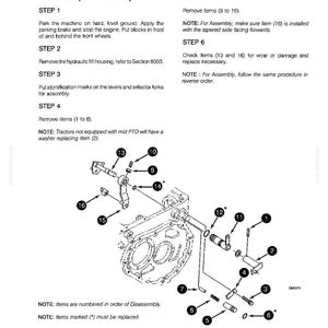 May include: Diagram of PTO lever and mid PTO lever disassembly and assembly instructions. The diagram includes numbered parts, such as roll pins, bolts, and O-rings, with detailed steps for removal and installation.
