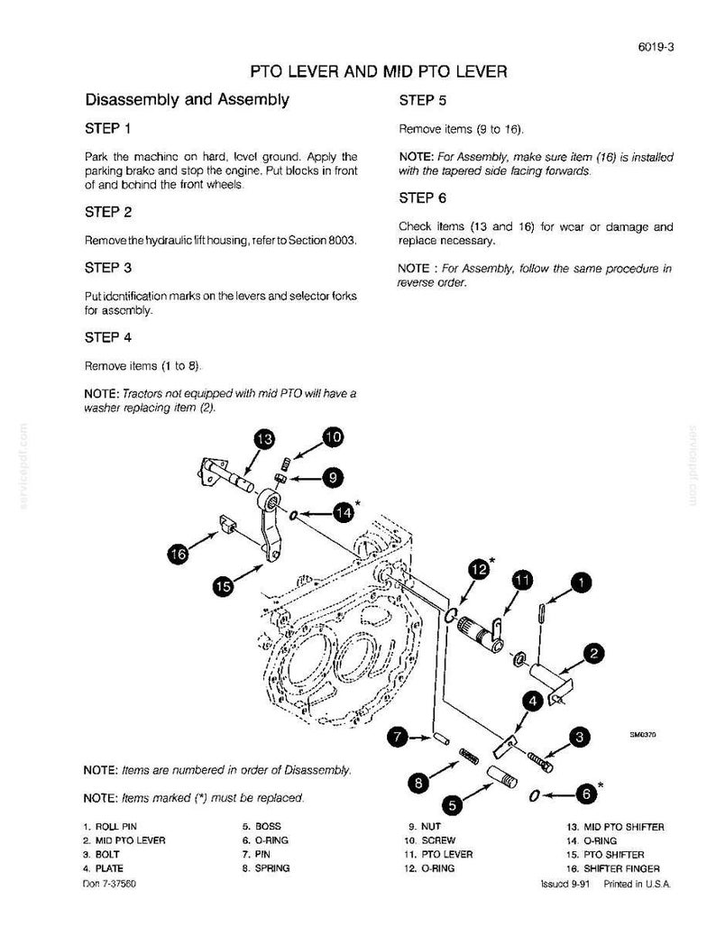 May include: Diagram of PTO lever and mid PTO lever disassembly and assembly instructions. The diagram includes numbered parts, such as roll pins, bolts, and O-rings, with detailed steps for removal and installation.