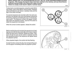 May include: A technical manual page titled 6-WORKING OPERATIONS, Replaying a sequence, featuring a warning box, instructional text, and two diagrams showing numbered switches labeled 1, 2, 3, and 4 for operating an automated headland function program.