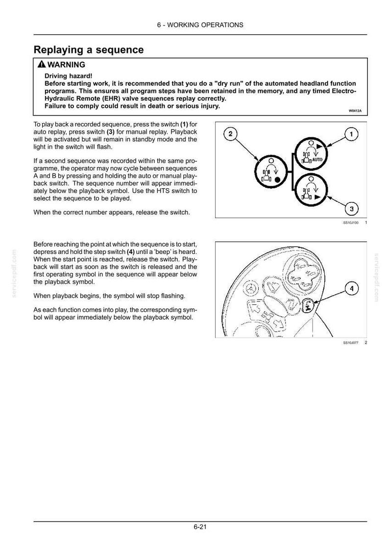 May include: A technical manual page titled 6-WORKING OPERATIONS, Replaying a sequence, featuring a warning box, instructional text, and two diagrams showing numbered switches labeled 1, 2, 3, and 4 for operating an automated headland function program.