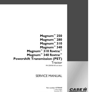 Op de afbeelding: Een witte servicehandleiding met de "Magnum" tractormodellen 250, 280, 310 en 340. Het bevat ook de Powershift Transmission (PST) en het Case IH Agriculture-logo. De handleiding is in het Engels.