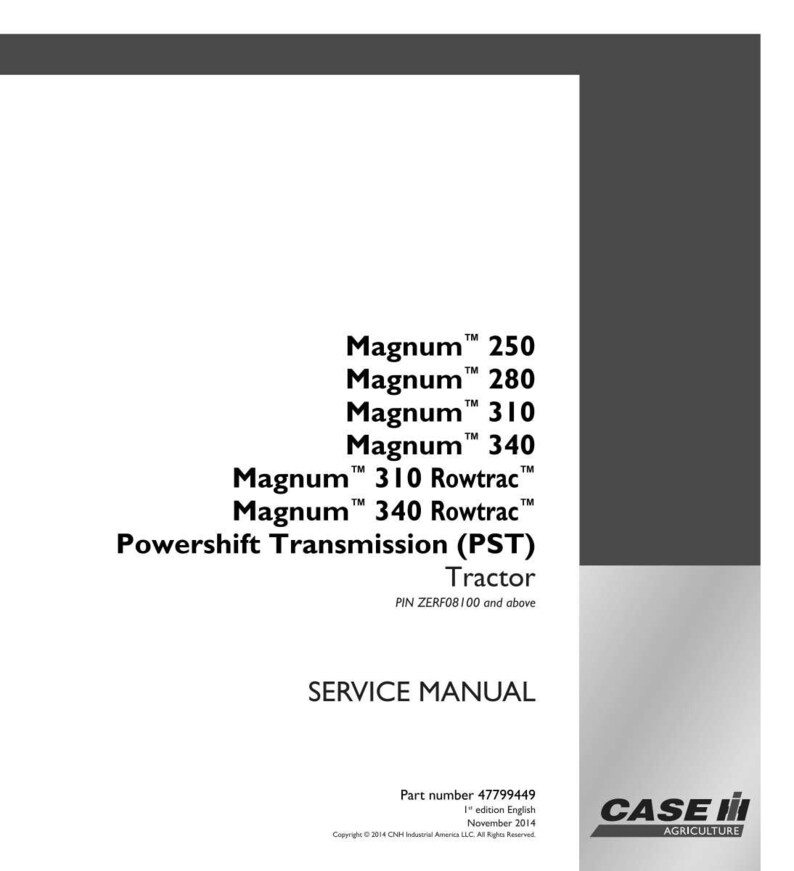 Op de afbeelding: Een witte servicehandleiding met de "Magnum" tractormodellen 250, 280, 310 en 340. Het bevat ook de Powershift Transmission (PST) en het Case IH Agriculture-logo. De handleiding is in het Engels.