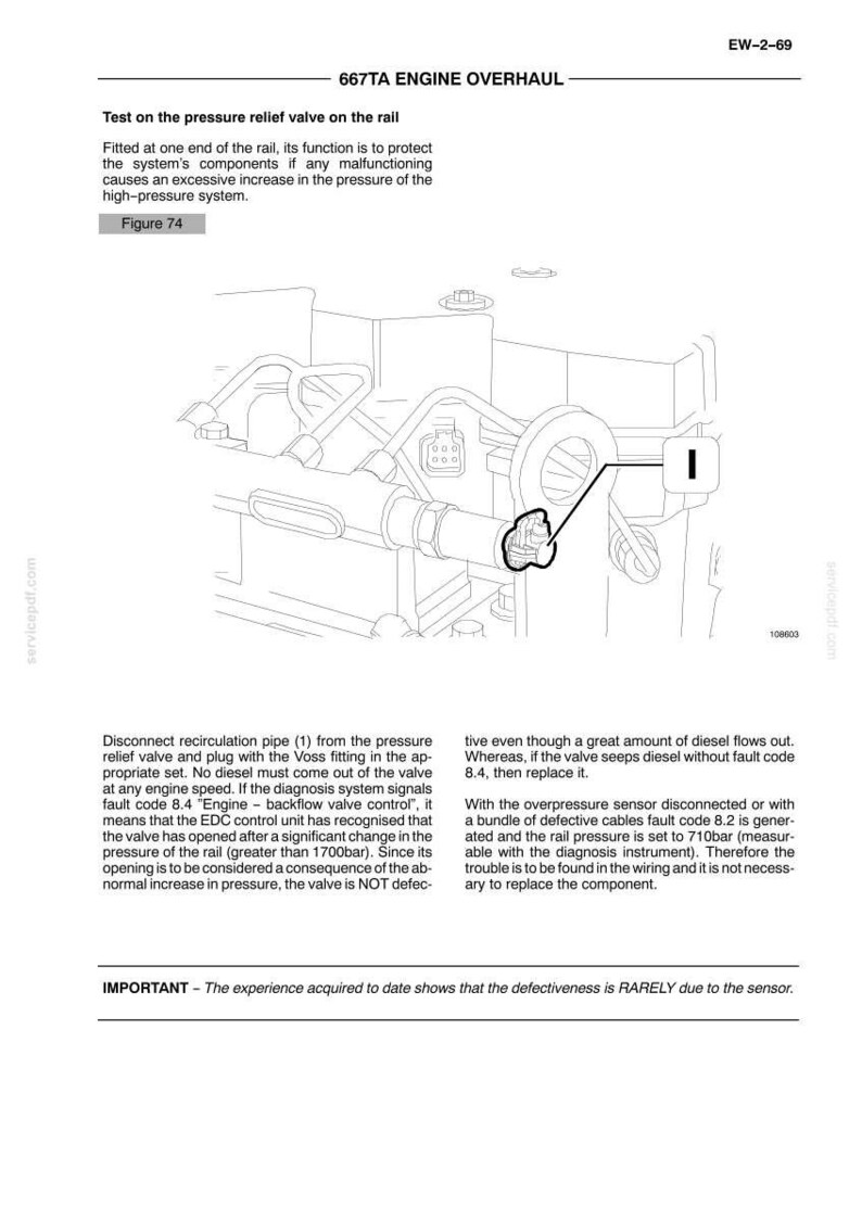 May include: Diagram of an engine component with text, "667TA ENGINE OVERHAUL" and "Test on the pressure relief valve on the rail". Includes a close-up of a valve and related parts, with arrows and labels for reference.