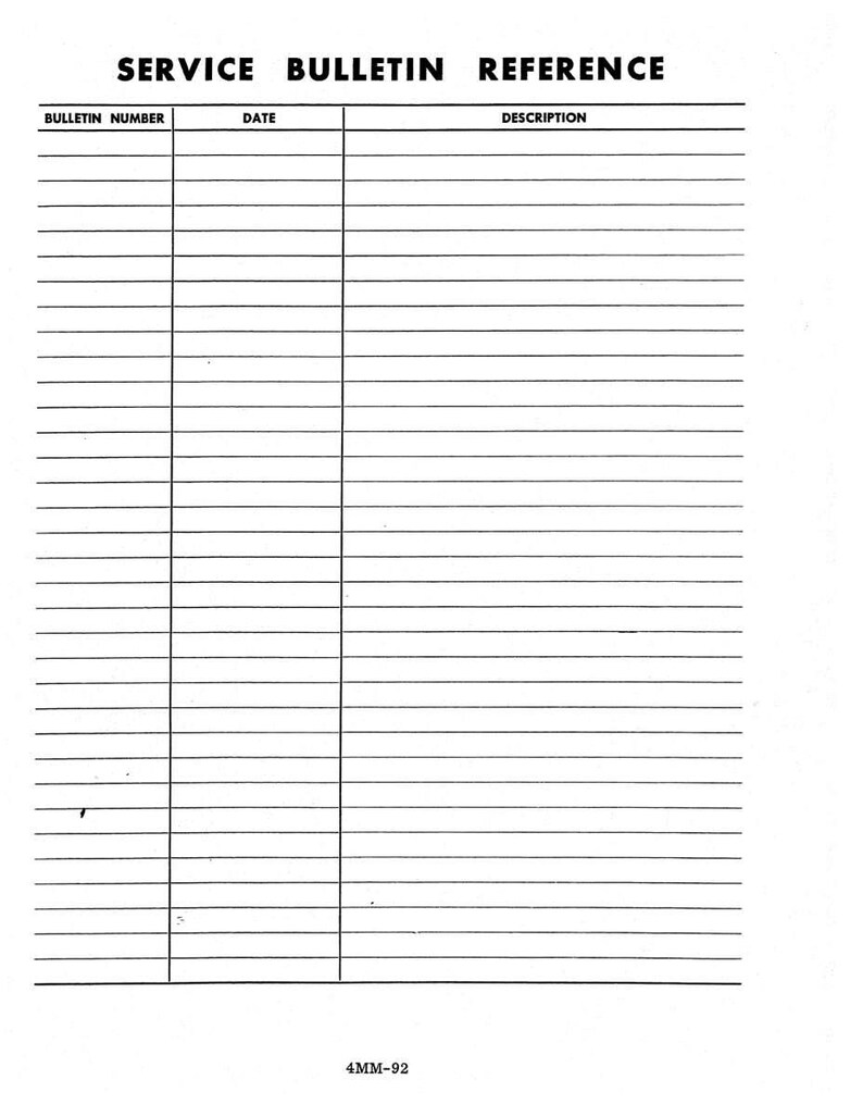 May include: A white paper with the text "SERVICE BULLETIN REFERENCE" at the top. Below are three columns labeled "BULLETIN NUMBER", "DATE", and "DESCRIPTION", with lined rows for entries. The number "4MM-92" is at the bottom.