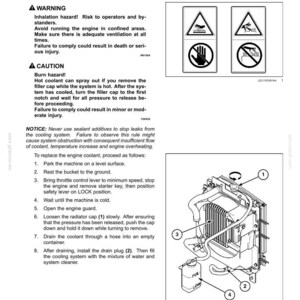 Puede incluir: Una p&aacute;gina de manual t&eacute;cnico titulada 7-MAINTENANCE con instrucciones para el reemplazo del refrigerante del motor. Incluye iconos de advertencia, texto de seguridad y un dibujo t&eacute;cnico en blanco y negro con componentes numerados del 1 al 4.