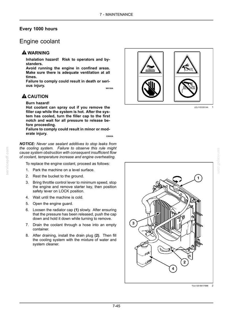 Puede incluir: Una p&aacute;gina de manual t&eacute;cnico titulada 7-MAINTENANCE con instrucciones para el reemplazo del refrigerante del motor. Incluye iconos de advertencia, texto de seguridad y un dibujo t&eacute;cnico en blanco y negro con componentes numerados del 1 al 4.