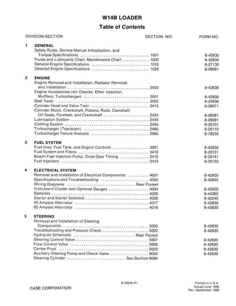 Pode incluir: Uma p&aacute;gina de &iacute;ndice de um manual do carregador W14B. A p&aacute;gina &eacute; dividida em se&ccedil;&otilde;es, incluindo Geral, Motor, Sistema de Combust&iacute;vel, Sistema El&eacute;trico e Dire&ccedil;&atilde;o. O texto &eacute; preto sobre um fundo branco.