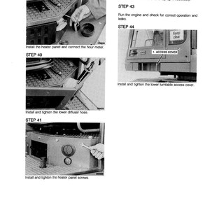 May include: A black and white technical manual page with multiple steps. The steps include installing and tightening various components, such as the heater panel and access cover. Text includes "STEP" numbers and instructions. The manual is printed in England.