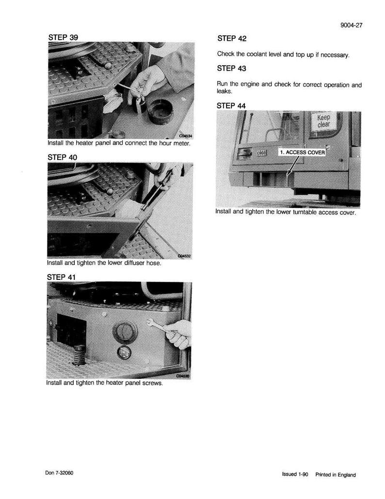May include: A black and white technical manual page with multiple steps. The steps include installing and tightening various components, such as the heater panel and access cover. Text includes "STEP" numbers and instructions. The manual is printed in England.