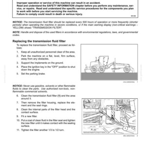 May include: A maintenance manual page detailing transmission filter replacement. Includes a warning about improper operation and a step-by-step guide with illustrations. The page is titled "Tranmission filter - (Models equipped with "Torque Converter" transmission) (Replacement)".