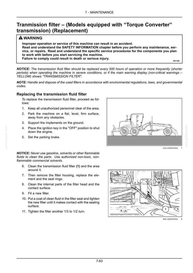 May include: A maintenance manual page detailing transmission filter replacement. Includes a warning about improper operation and a step-by-step guide with illustrations. The page is titled "Tranmission filter - (Models equipped with "Torque Converter" transmission) (Replacement)".