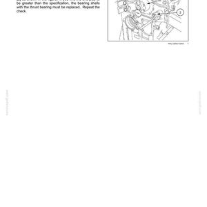 May include: Technical diagram showing an engine's crankshaft and flywheel, with instructions for checking end play. The text details the use of a dial gauge and the replacement of bearing shells. The image is a black and white technical illustration.