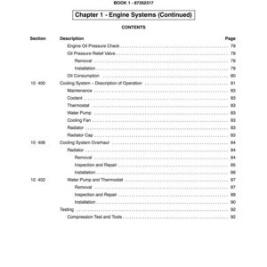 May include: A page from a manual titled "SECTION 10 - ENGINE SYSTEMS." The table of contents lists topics such as "Engine Oil Pressure Check," "Cooling System," and "Water Pump and Thermostat." The page numbers are listed on the right.