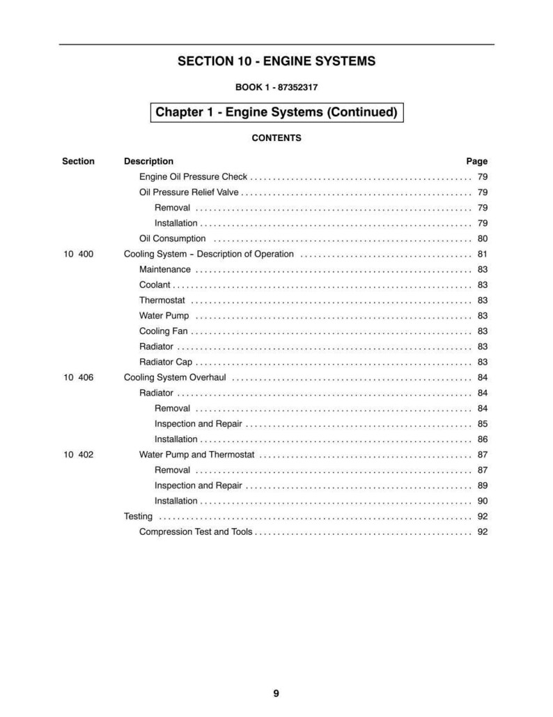 May include: A page from a manual titled "SECTION 10 - ENGINE SYSTEMS." The table of contents lists topics such as "Engine Oil Pressure Check," "Cooling System," and "Water Pump and Thermostat." The page numbers are listed on the right.