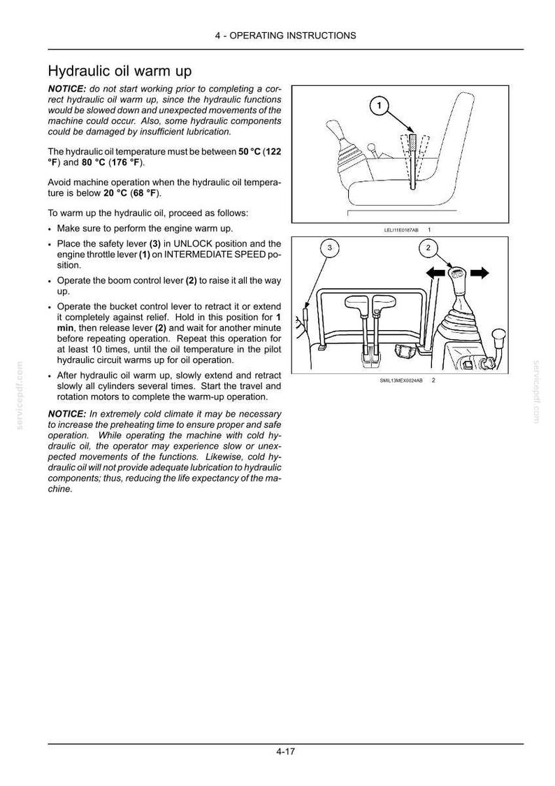 May include: Page from an operating manual detailing hydraulic oil warm-up procedures. Includes diagrams of levers and controls, with instructions on engine warm-up, lever positions, and temperature guidelines. Text is in English.