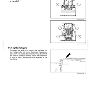May include: Diagram illustrating the replacement of work lights, driving lights, and tail lights on a piece of heavy machinery. The diagram includes numbered labels pointing to the different light locations.
