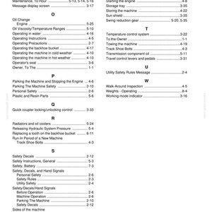 May include: A page from a manual titled "CHAPTER 9 - INDEX." The document lists various topics with corresponding page numbers, including machine operation, safety, and maintenance procedures. The text is black on a white background.