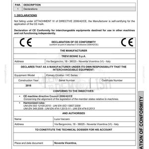 May include: A document titled "Declaration of Conformity" with the CE mark. The document includes details about the manufacturer, Trevi Benne S.p.A., and the equipment model, Primary Crusher / HC Series. The construction year is 2018.