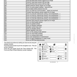 May include: A technical document detailing a front axle system, featuring error codes and descriptions. Includes a navigation screen with options for hydraulics, engine, tires, and more. The document also shows a wheel circumference setting.